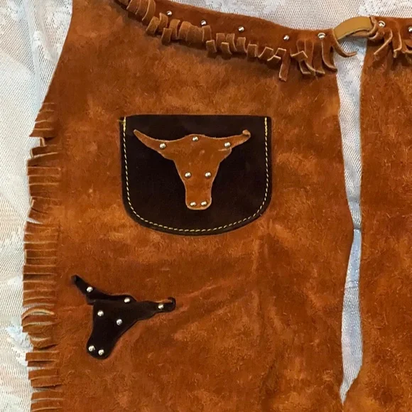 Vtg Authentic Western Outfits For JR. Cowboys Cowhide Chap Vest Fringed Studs B